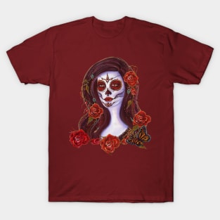 Autumn Rose day of the dead art by Renee Lavoie T-Shirt